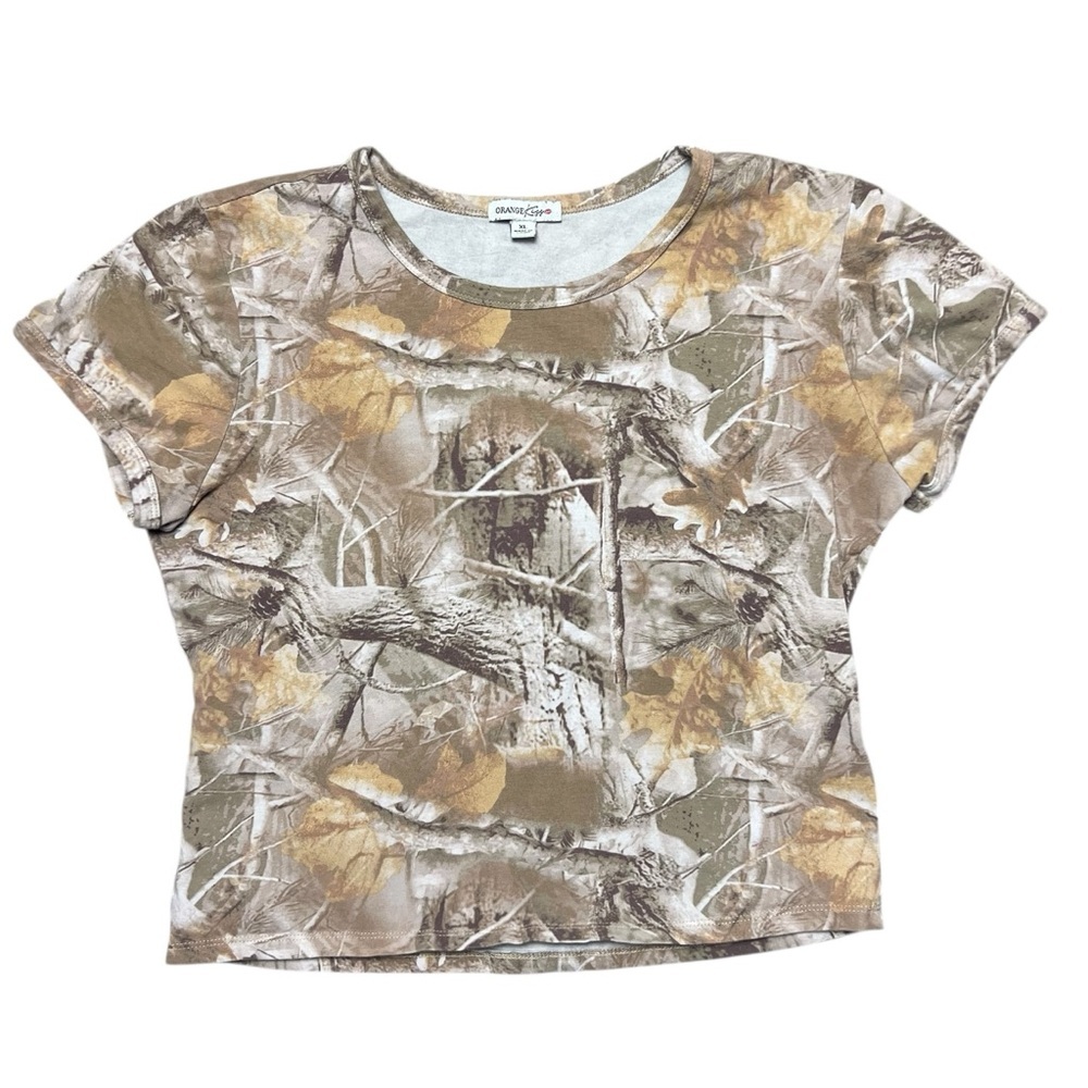 Y2K Orange Kiss Camo Baby Tee Women’s Size XL Real Tree